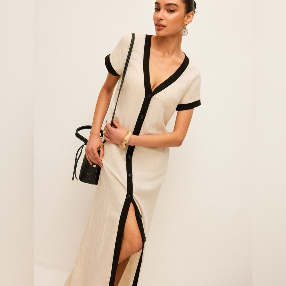 Commense Linen Blend Black and Apricot High Contrast Button Down Maxi Dress
